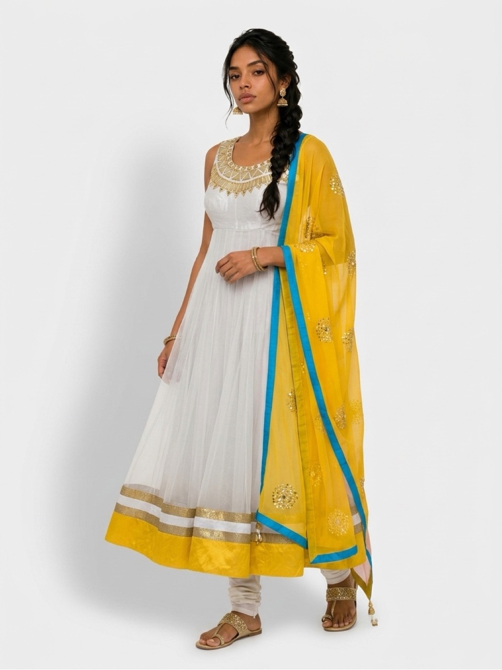 Light Gray & Gold Mirror Embellished Anarkali Dress with shaded hombre Dupatta
